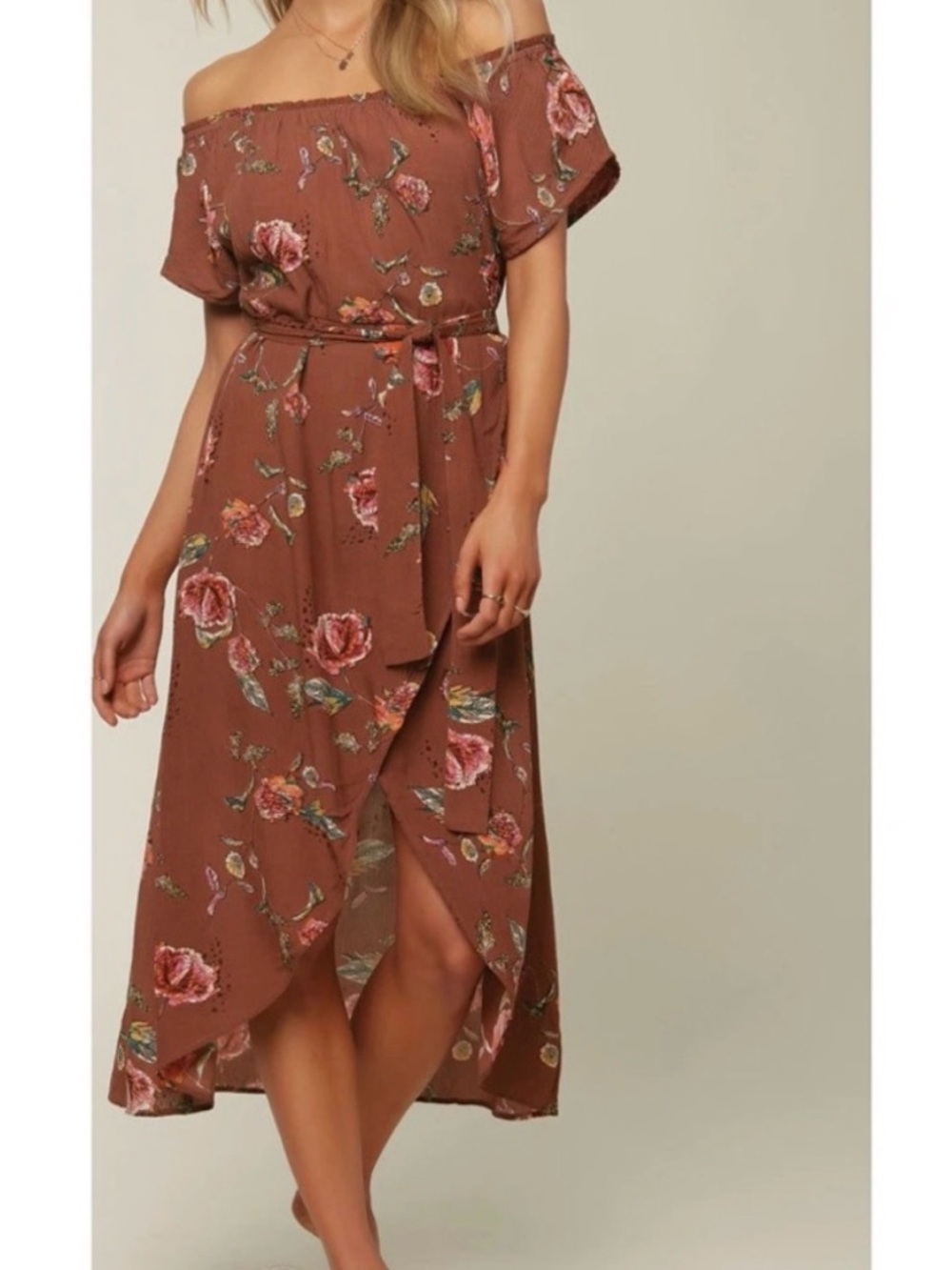 O'Neill Conners Off The Shoulder Midi Dress Crinkle Gauze Floral Boho Pink Brown - Picture 12 of 12